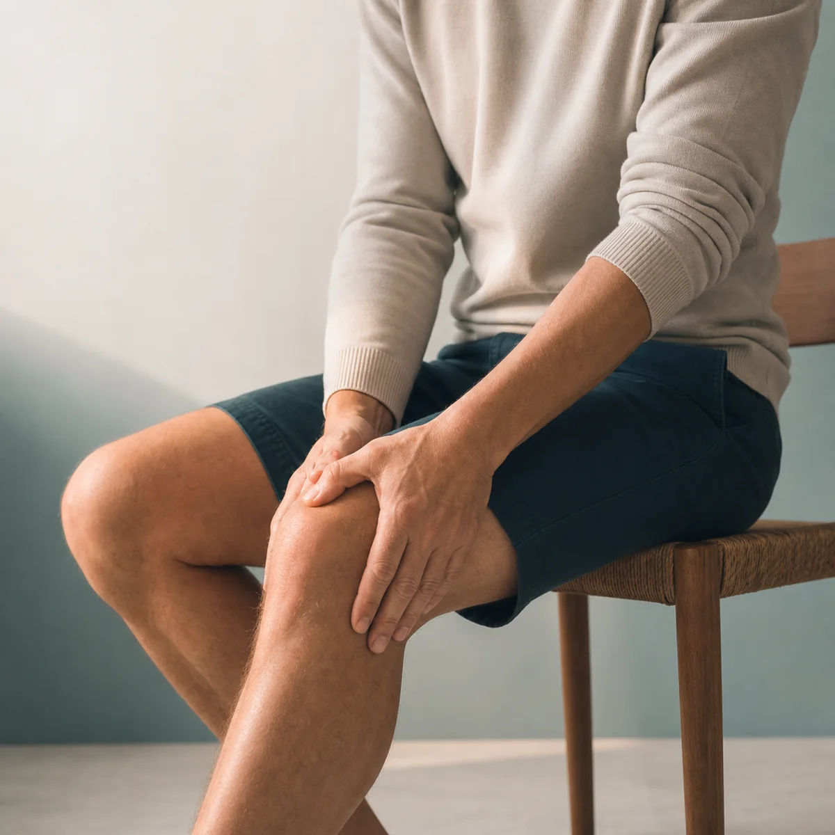 Paciente con una mano apoyada sobre la rodilla